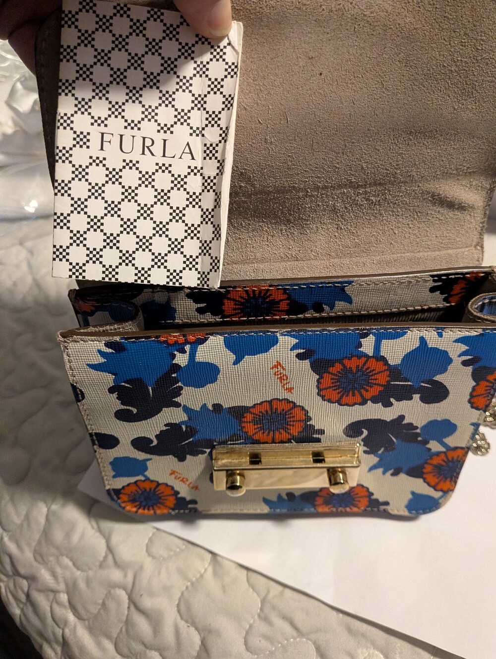 Furla Julia Mini Saffiano Leather Crossbody Bag - Floral Blue & Orange EUC